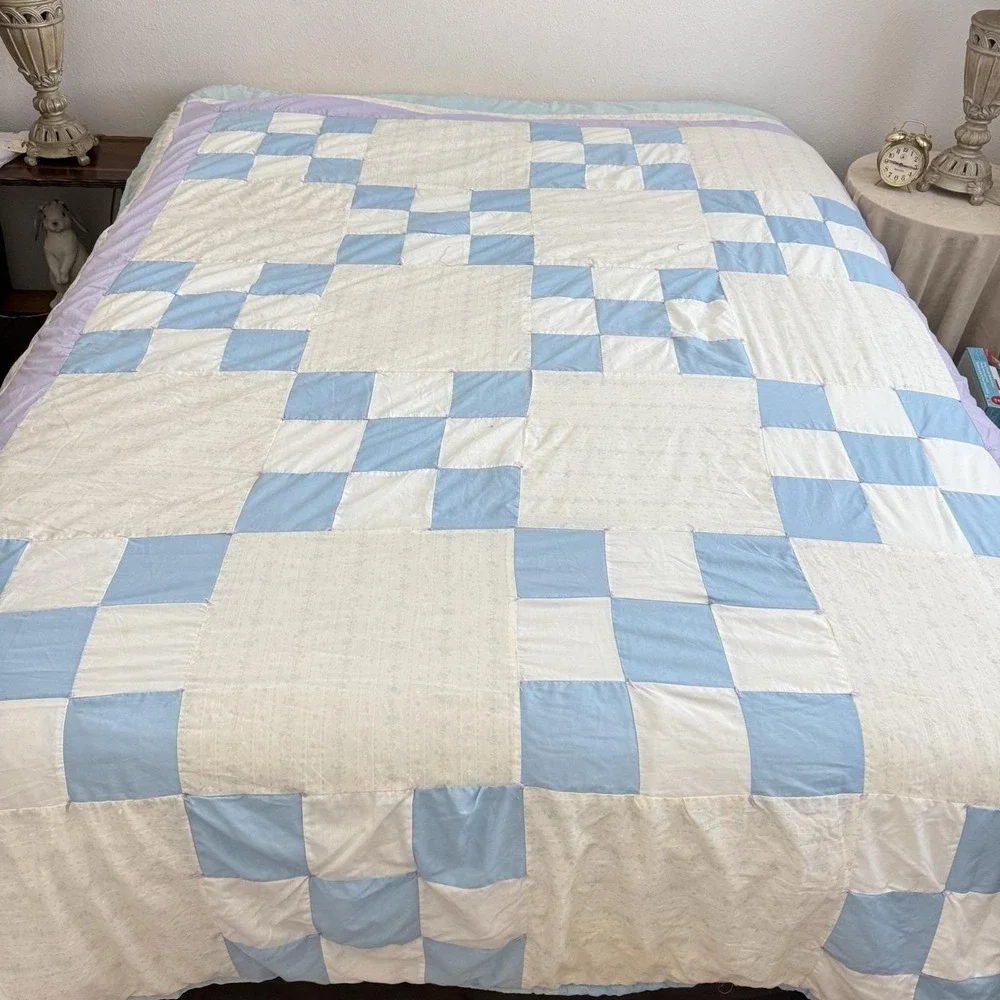 Vintage Patchwork Quilt Irish Chain Nine Patch Full Twin 93x77 Hand Tied Floral